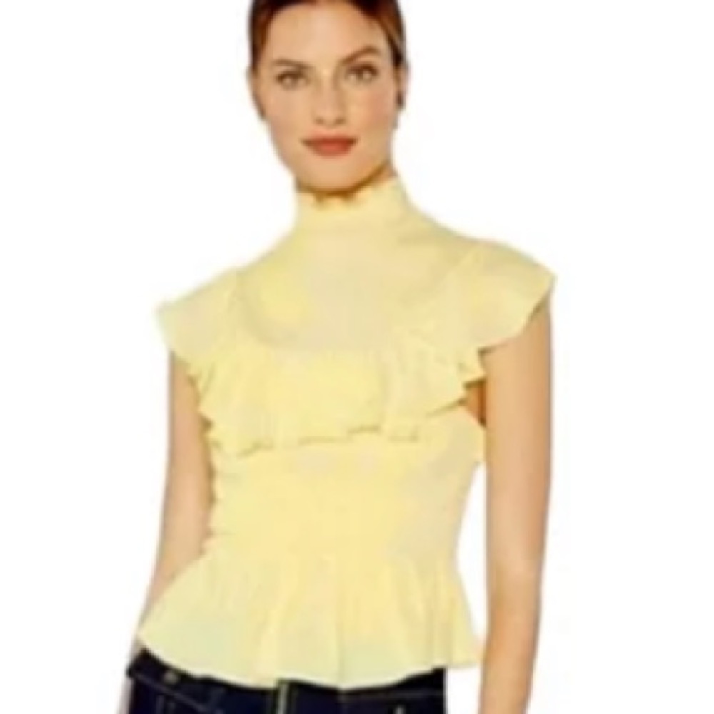 cinq a sept Yellow Ruffled Mock Neck Top